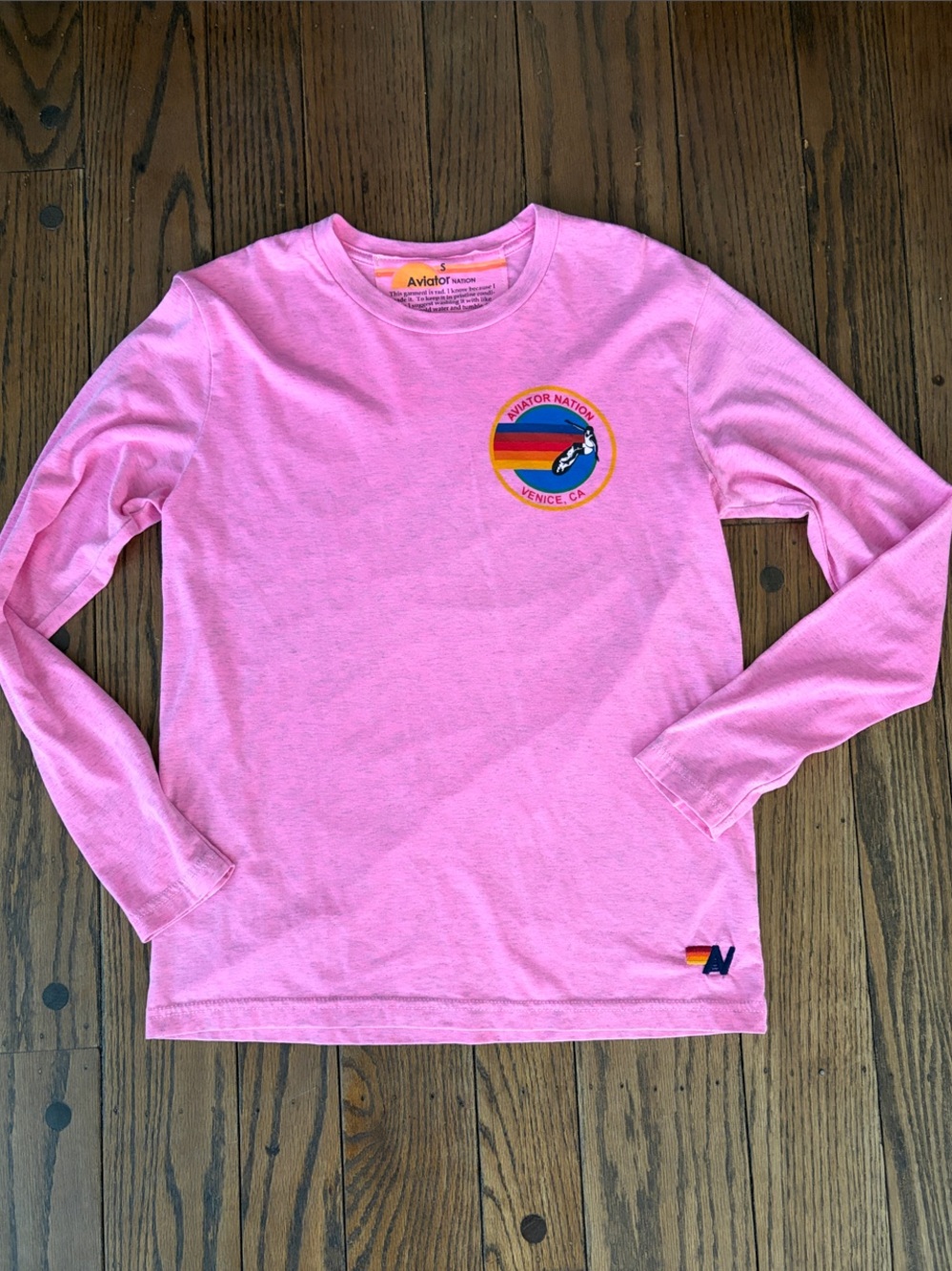 Aviator Nation Women’s Long Sleeve Pink Tee with Rainbow Surf Patch